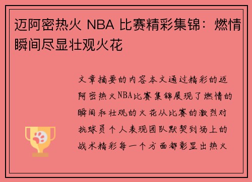 迈阿密热火 NBA 比赛精彩集锦：燃情瞬间尽显壮观火花