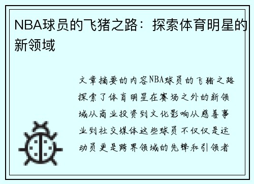 NBA球员的飞猪之路：探索体育明星的新领域